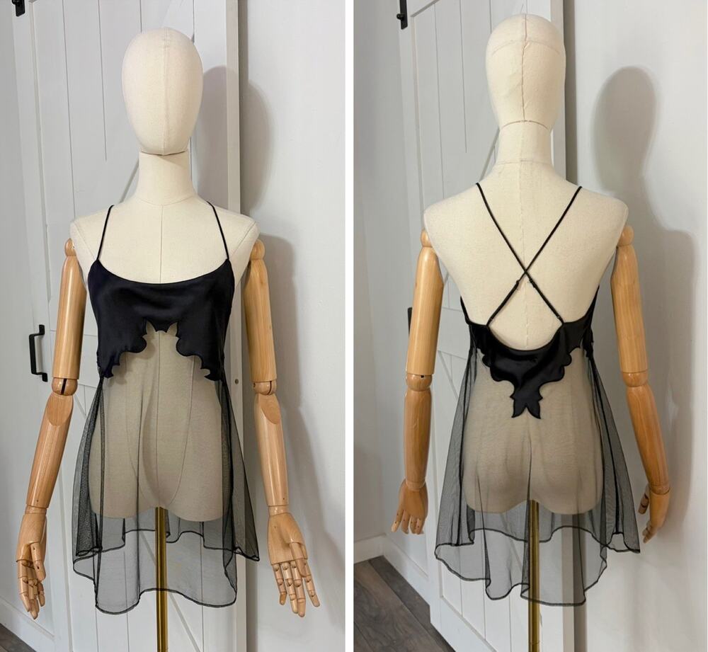 Vintage Victoria's Secret Size S Black Silk Mesh Chemise Nightie Slip Y2K